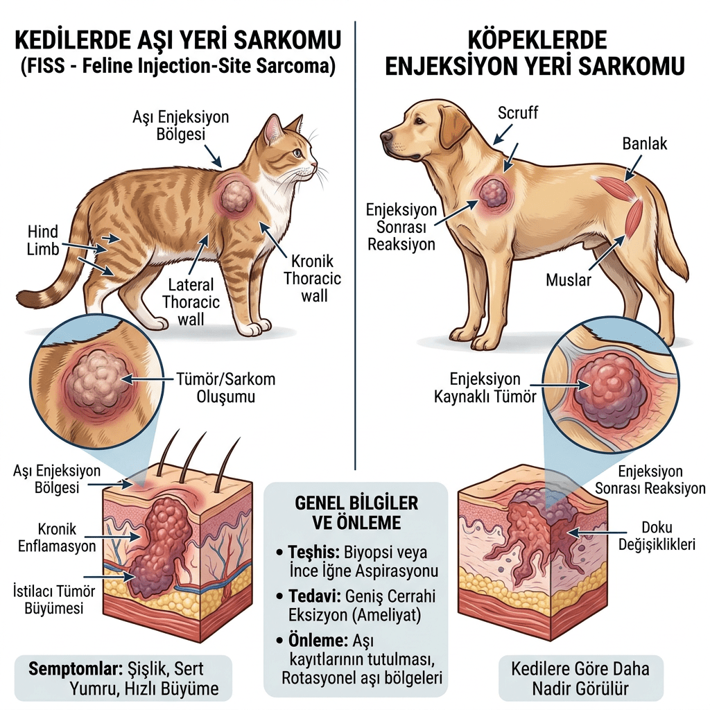 Diagram showing injection-site sarcoma in cats and dogs with labeled tumor areas and skin cross-sections.