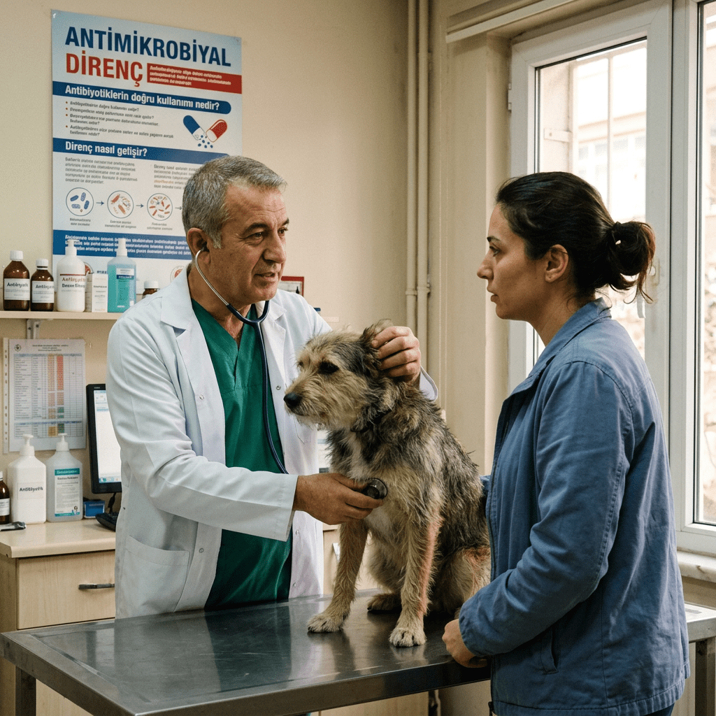 Veterinarian using stethoscope to examine a dog on metal table with owner beside