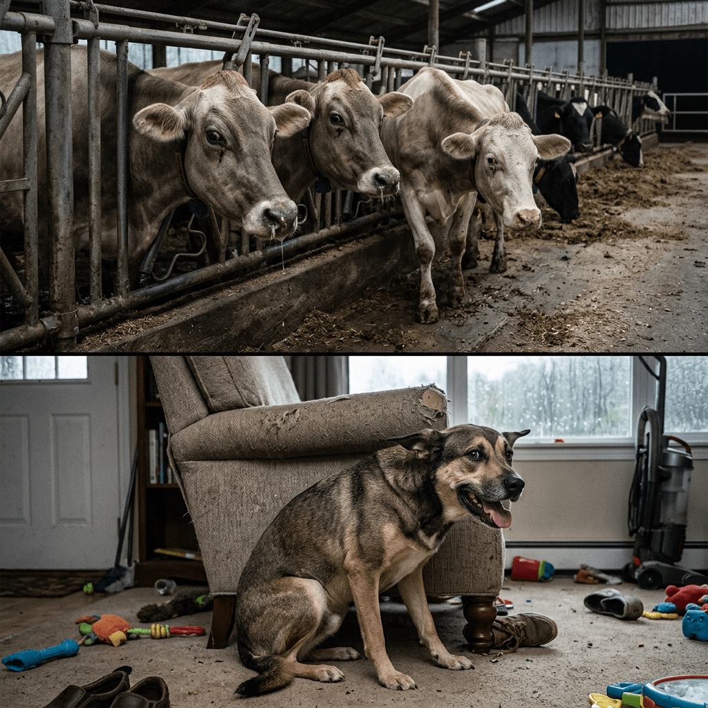 Three cows in a barn next to metal bars and a dog sitting beside a torn armchair in a cluttered living room
